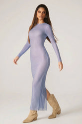 Embellished Long Sleeve Maxi Dress in Blue