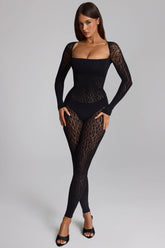 Long-Sleeve Seamless Knit Jumpsuit in Black