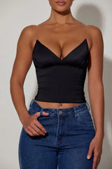 Ruched Plunge-Neck Camisole Top in Black