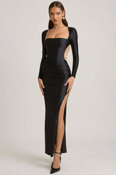 Pearl-Detail Cut-Out Maxi Dress in Black