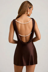 Draped Open-Back A-Line Mini Dress in Chocolate Brown
