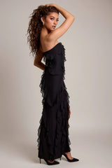 Bandeau Ruffle Detail Maxi Dress in Black