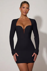 Cut-Out Heart-Detail Bodycon Mini Dress in Black