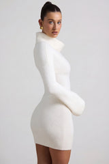 Ribbed-Knit Turtleneck Mini Jumper Dress in Ivory