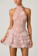 Embellished Ruffled Halterneck Mini Dress in Dusty Rose