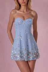Embellished Bandeau Mini Dress in Powder Blue