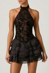 Embellished Ruffled Halterneck Mini Dress in Black