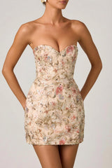Embellished Strapless A-Line Mini Dress in Floral Beige