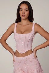 Embellished Lace-Up Corset Top in Soft Pink