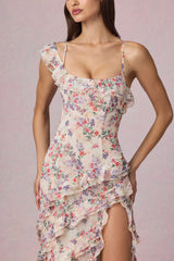 Asymmetric Ruffled Lace-Up Gown in Primrose Floral Print