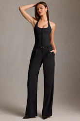 Corset-Detail Halterneck Jumpsuit in Black