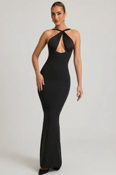 Pearl-Detail Halterneck Maxi Dress in Black
