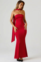Scarf-Detail Strapless Gown in Scarlet Red