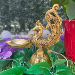 Novrla Dancing Peacock Diya - Handmade Brass lamp - Brass Diya For Pooja