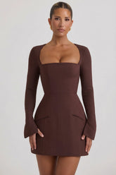 Square-Neck Structured Tulip Mini Dress in Chocolate Brown
