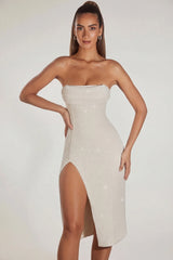 Embellished Bandeau Cowl Neck Midi Dress in Ivory