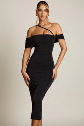 Off-Shoulder Draped Midaxi Dress in Black