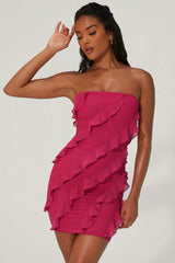 Bandeau Ruffle Detail Mini Dress in Fuchsia