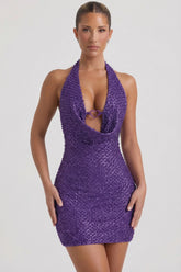Embellished Heart-Detail Cowl-Neck Mini Dress in Purple
