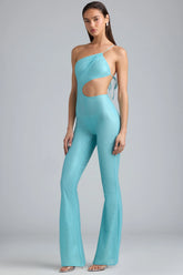 Metallic Ruched Cut-Out Flared Jumpsuit in Ice Blue