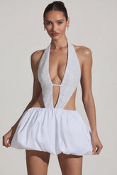 Embellished Cut-Out Bubble Hem Mini Dress in White