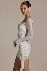 Embellished Draped Cowl-Neck Mini Dress in White