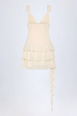 Lace-Up Ruffled Tiered Mini Dress in Ivory