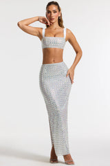 Embellished Mid Rise Gown Skirt in Silver