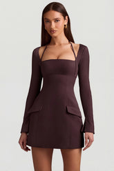 Pinstripe Structured A-Line Mini Dress in Chocolate Brown