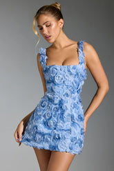 Floral-Appliqué Square-Neck Corset Mini Dress in Blue