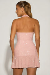 Embellished Halterneck A-Line Mini Dress in Lavender Pink