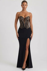 Lace-Up Corset Fishtail Maxi Dress in Black
