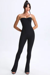 Modal Twist-Front Split Hem Flared Jumpsuit in Black