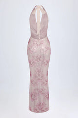 Embellished Cowl-Neck Maxi Dress in Pink White Hotfix