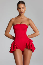 Ruffled Lace-Up Corset Playsuit in Fire Red