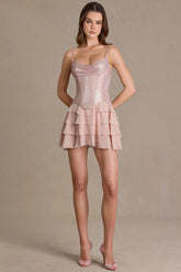 Premium Embellished Corset Mini Dress in Beige Gold