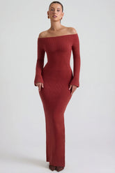 Ribbed-Knit Off-Shoulder Maxi Dress in Brick Red