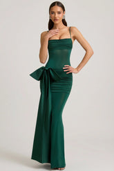 Bow-Detail Ruched Maxi Dress in Emerald Green