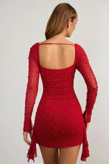 Embellished Cowl-Neck Draped Mini Dress in True Red