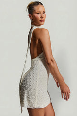 Embellished Scarf-Detail Halterneck Mini Dress in White