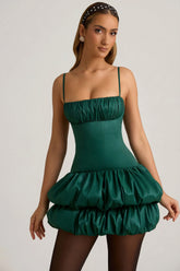 Satin Bubble Hem Corset Mini Dress in Emerald Green