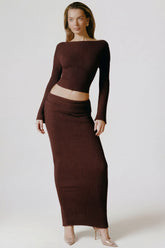 Ribbed-Knit Foldover Maxi Skirt in Espresso