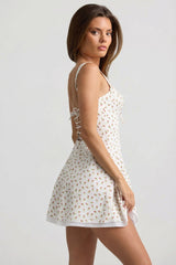 Lace-Up Cotton-Poplin Mini Dress in Rose Print