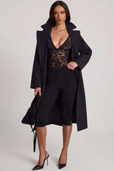 Sheer Lace Scalloped Plunge-Neck Bodysuit in Black