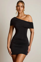 Off-Shoulder Draped Mini Dress in Black