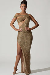 Embellished Asymmetric Cut-Out Gown in Gold