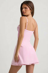 Bow-Detail Scalloped A-Line Mini Dress in Soft Pink