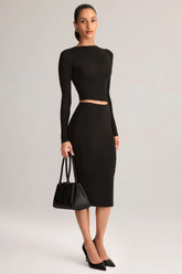 Modal Mid-Rise Pencil Midi Skirt in Black
