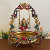 Novrla Ganesha Swing Decorative Brass Urli Stonework - Festive Decor