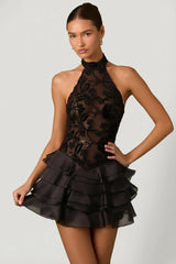 Embellished Ruffled Halterneck Mini Dress in Black